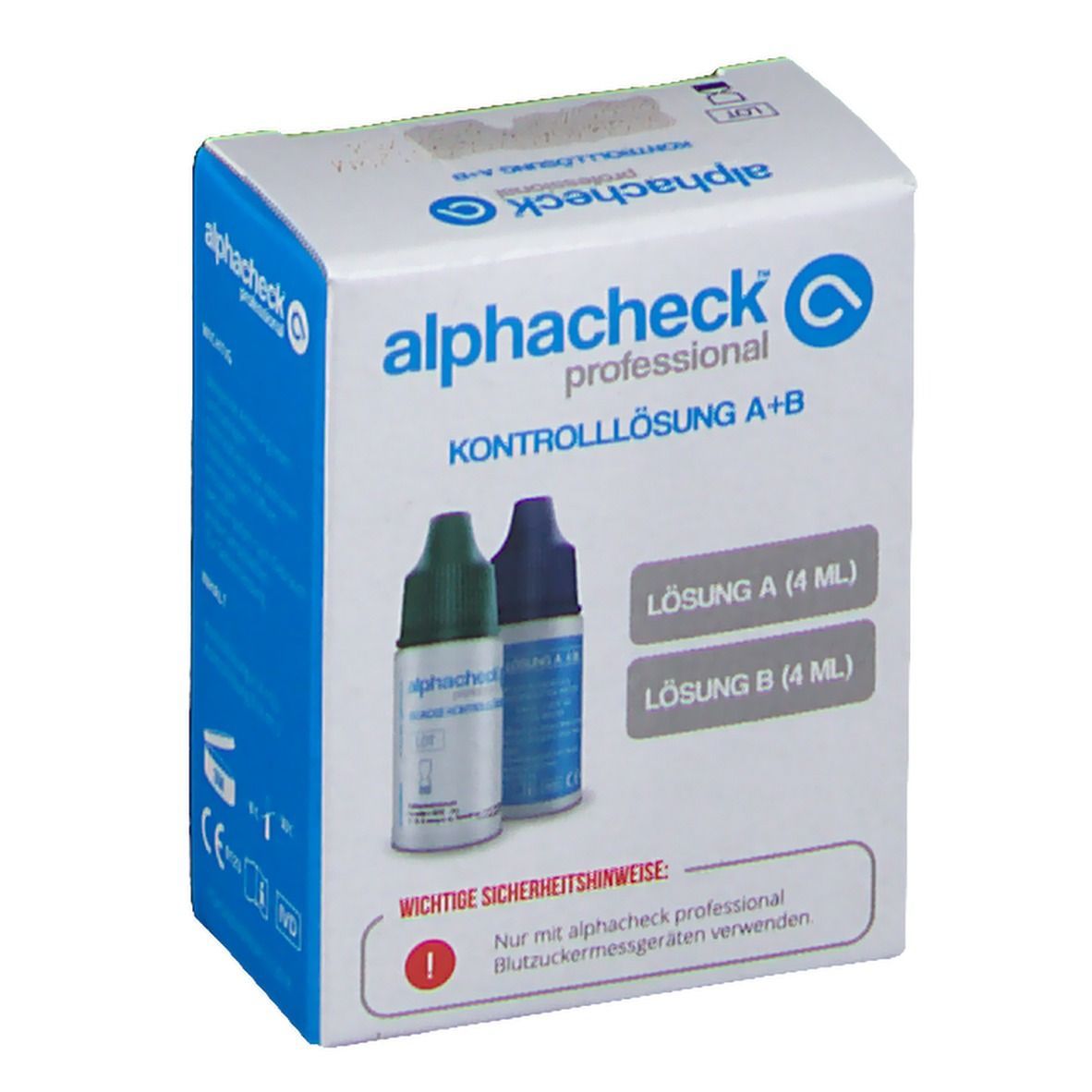 Verpackung von alphacheck professional Kontrolllösung A+B. Enthält zwei Flaschen und Text.