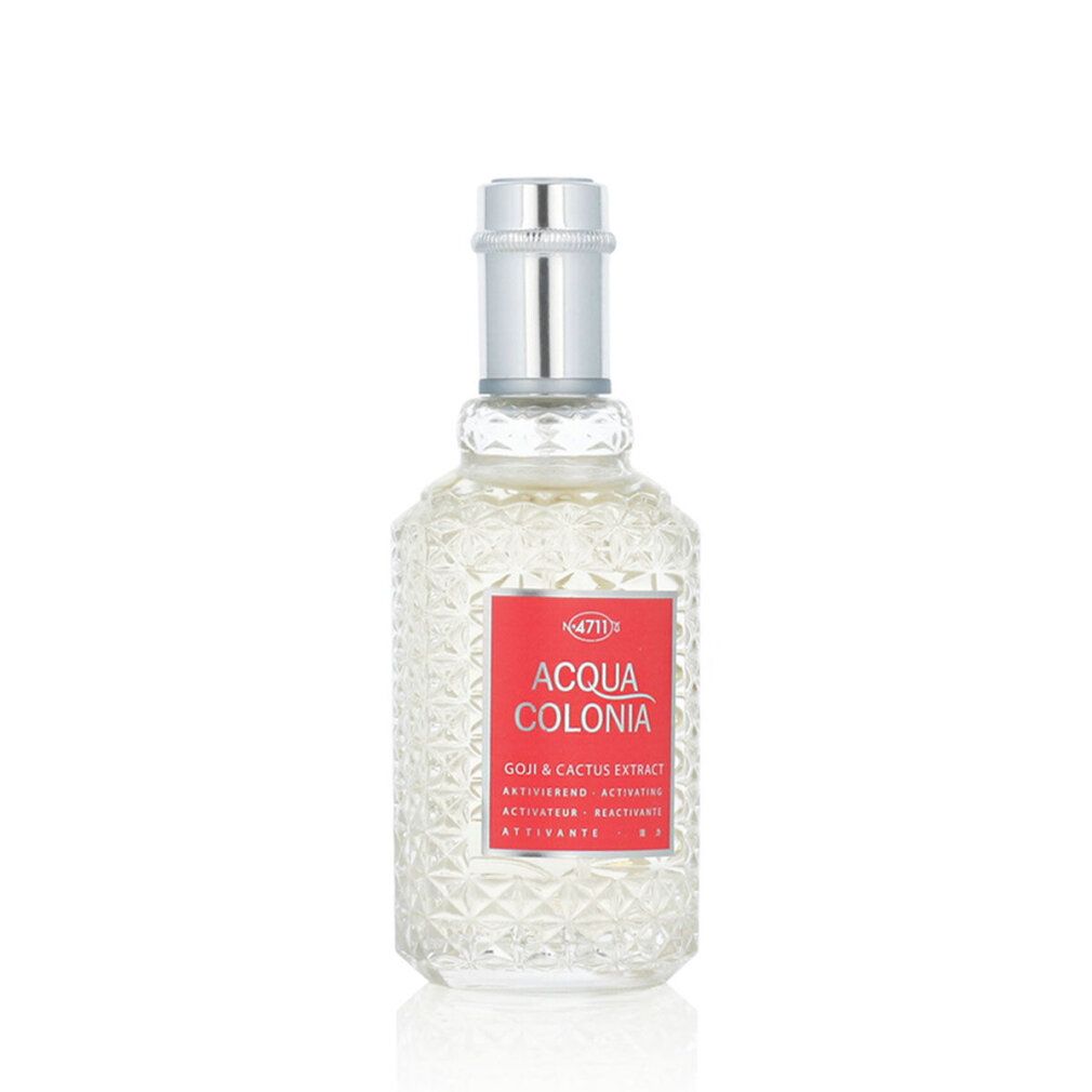 Glasflakon mit silbernem Verschluss. Rotes Etikett mit Text: Acqua Colonia, Goji & Cactus Extract. Geometrisches Muster auf dem Glas.