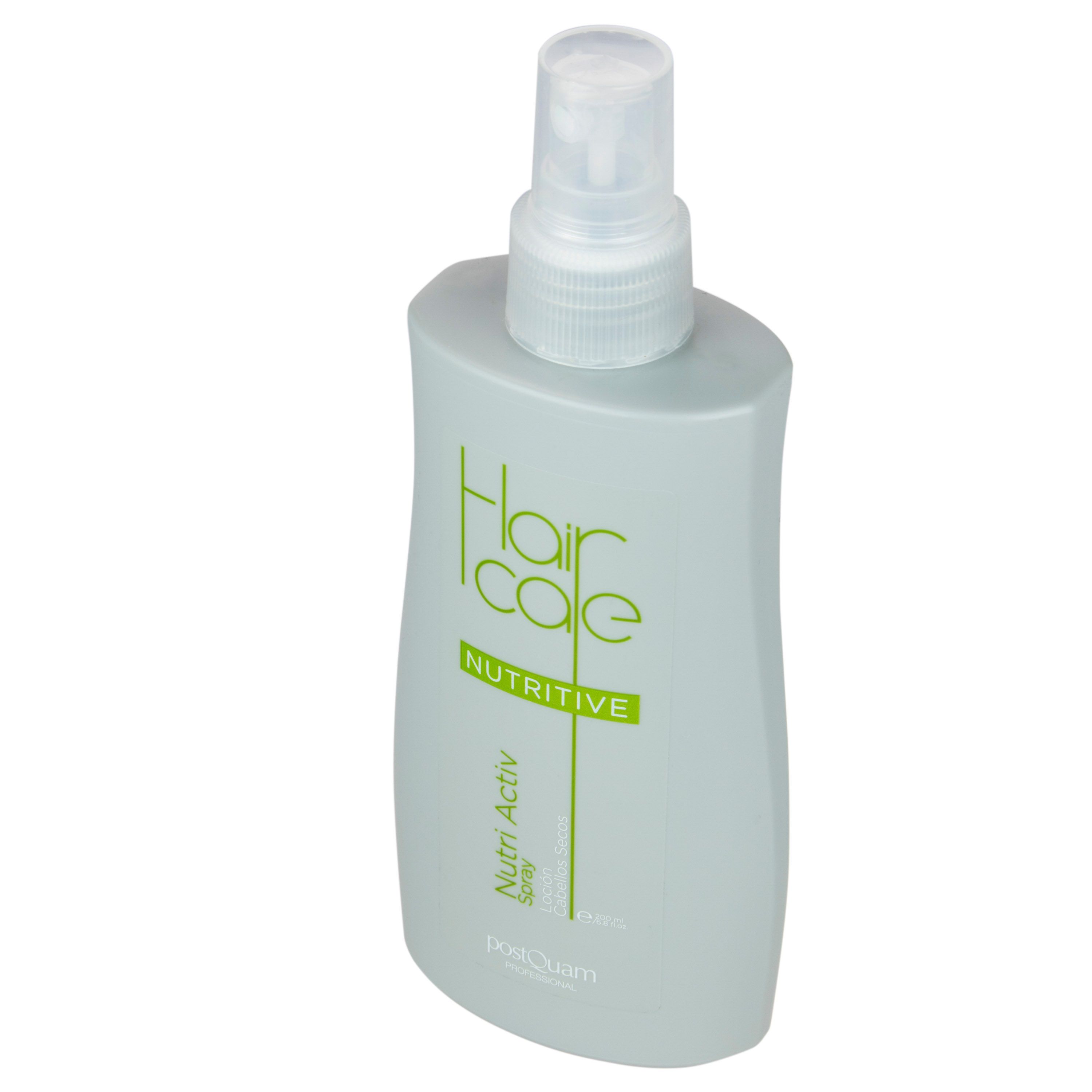 Graue Sprühflasche mit weißem Sprühkopf. Aufschrift: Hair Care Nutritive Spray, Postquam.