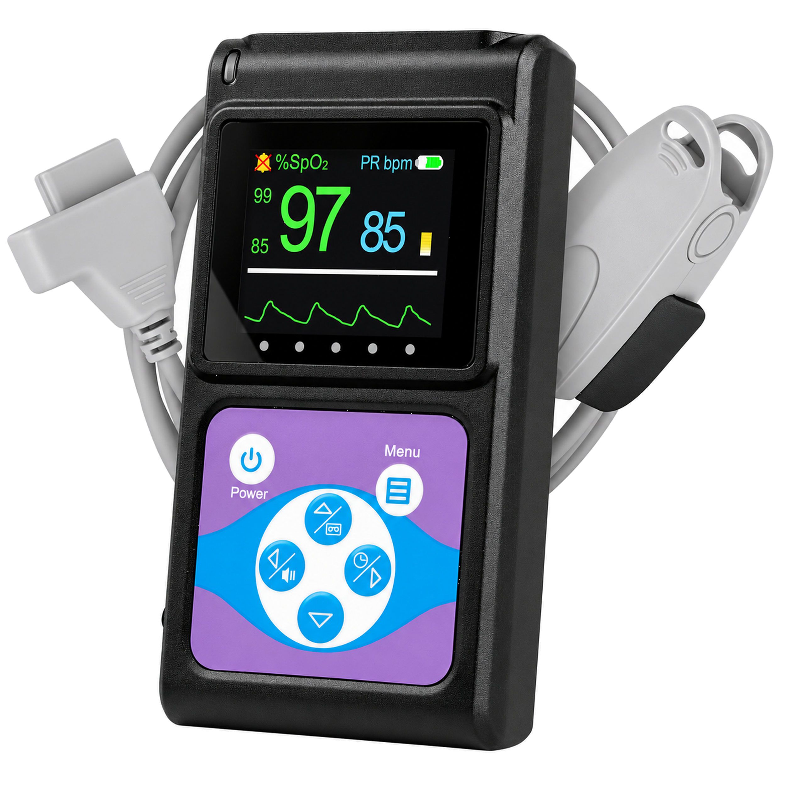 Pulox Pulsoximeter PO-650A: Nahaufnahme des Geräts mit angeschlossenem Sensor.