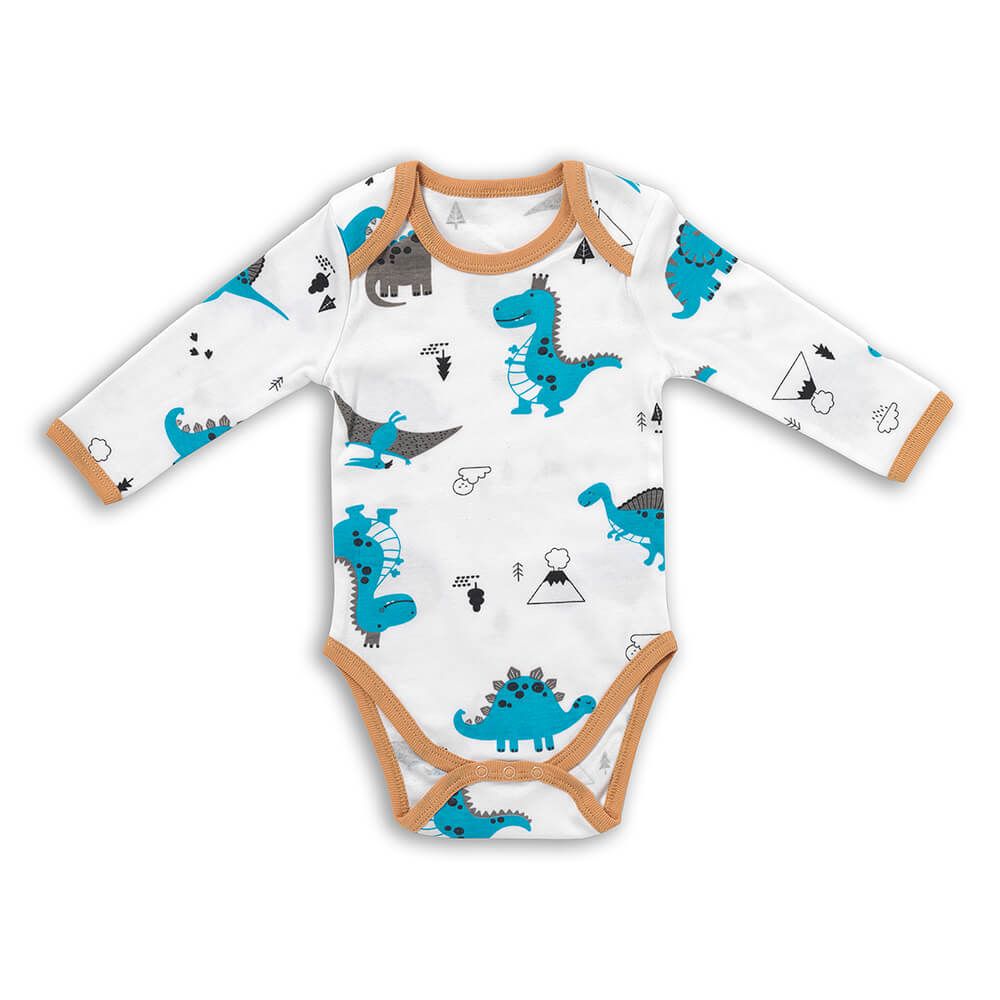 Weißer Baby-Body mit langen Ärmeln und Dinosaurier-Print in Blau und Braun.
