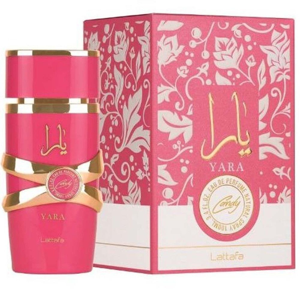 Rosa Flakon und Verpackung. Goldene Akzente. Aufschrift "Yara" und arabische Schriftzeichen. Lattafa-Logo. Eau de Parfum.