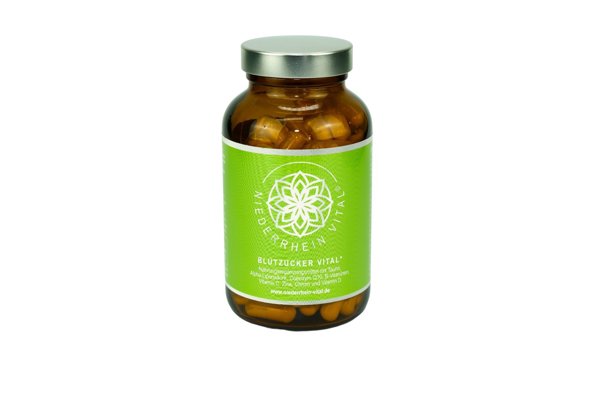 Braune Glasflasche mit Kapseln, grünem Etikett und silbernem Deckel. Niederrhein Vital® Blutzucker Vital.
