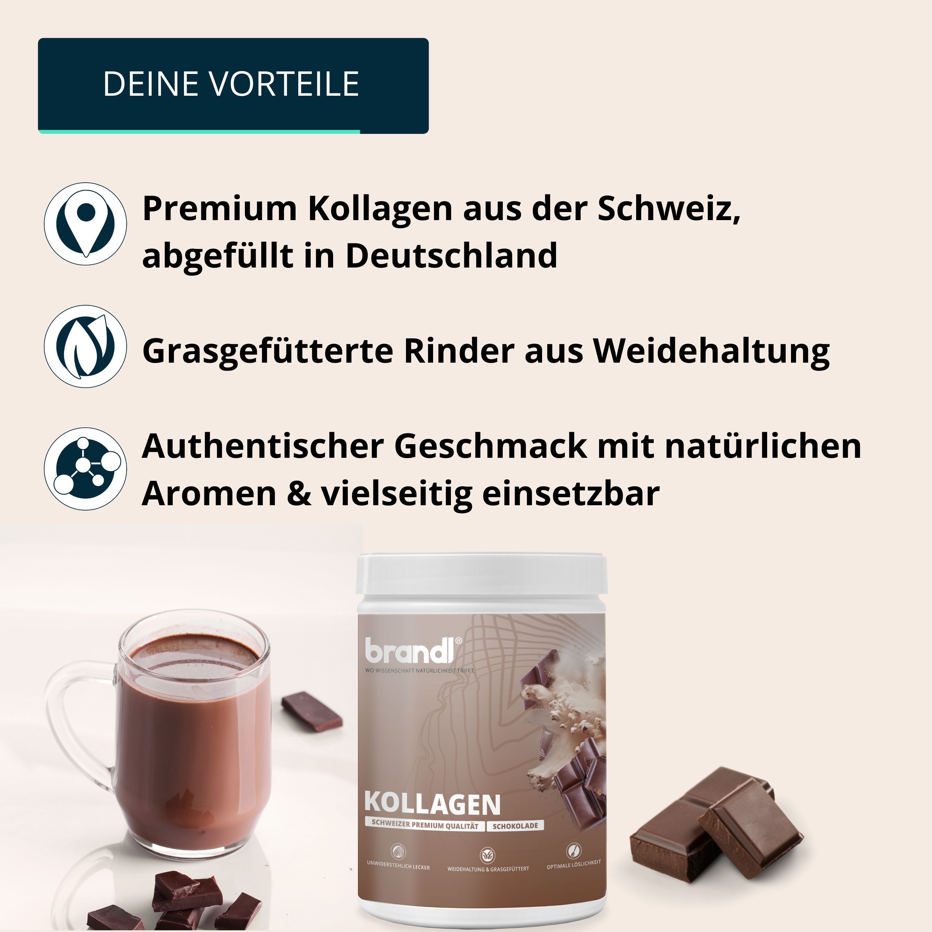 Produktglas neben Tasse Kakao und Schokoladenstückchen. Text: Premium Kollagen aus der Schweiz. Grasgefütterte Rinder. Authentischer Geschmack.