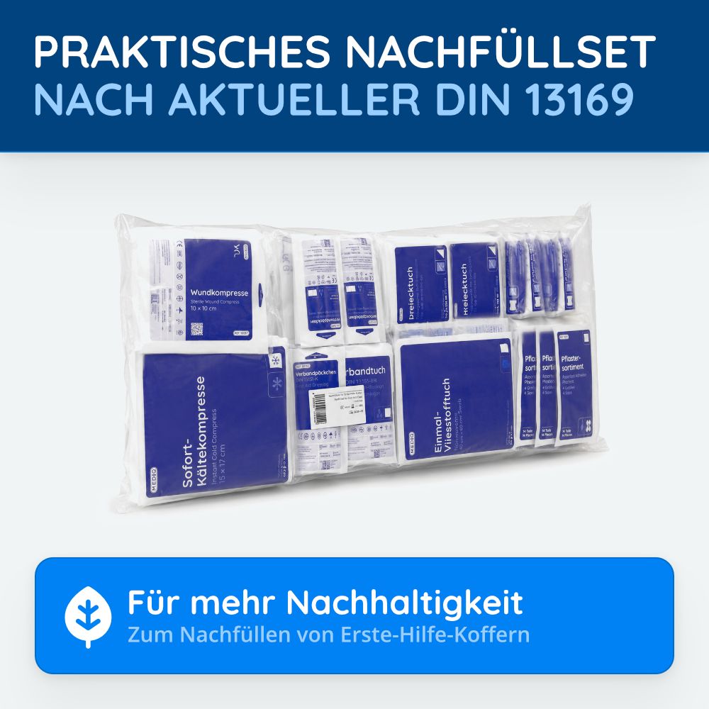 Erste-Hilfe-Nachfüllset in transparenter Verpackung, konform nach DIN 13169.
