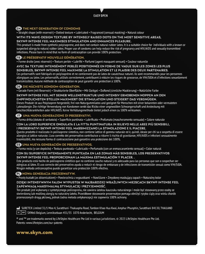 Schwarze Produktbeschreibung mit Text in mehreren Sprachen. Enthält Informationen zu Inhaltsstoffen und Anwendung.