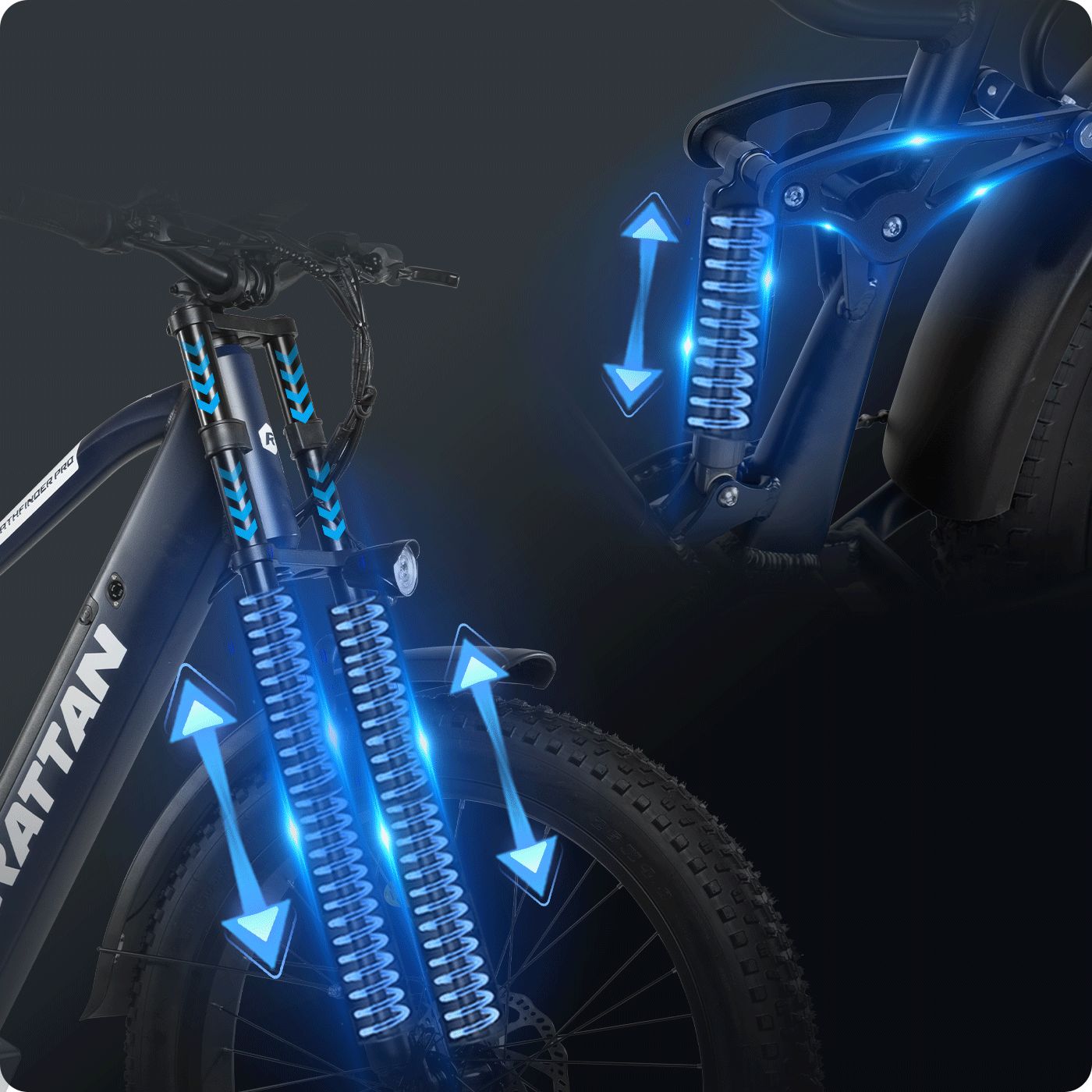 Vordergabel-Detail. Blaue Pfeile zeigen Federung. RATTAN-Logo sichtbar. E-Bike-Federung.
