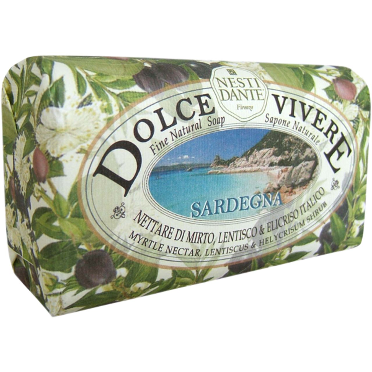 Seife Dolce Vivere, verpackt. Aufschrift: Dolce Vivere, Sardegna, Nesti Dante. Motiv: Landschaft mit Meer und Pflanzen.