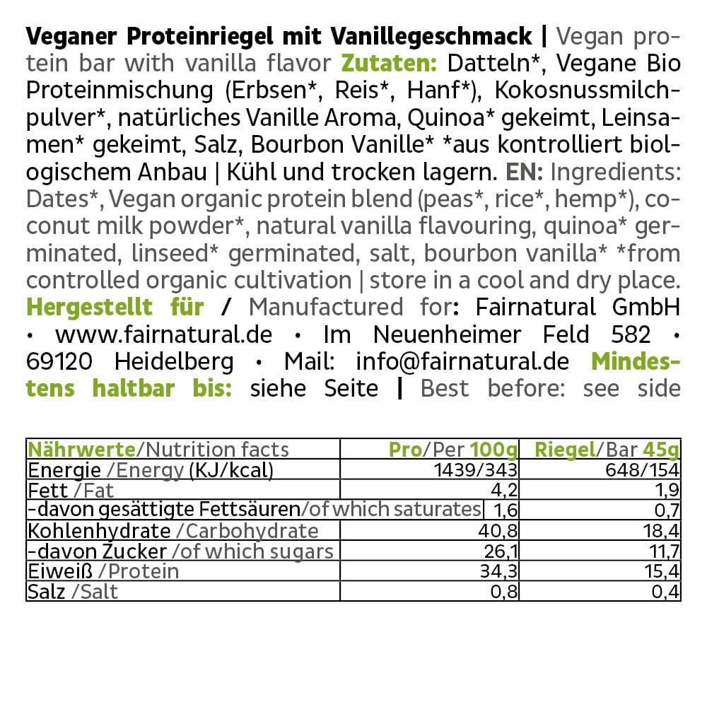 Zutatenliste und Nährwertangaben für den FAIRNATURAL Veganen Proteinriegel mit Vanillegeschmack.