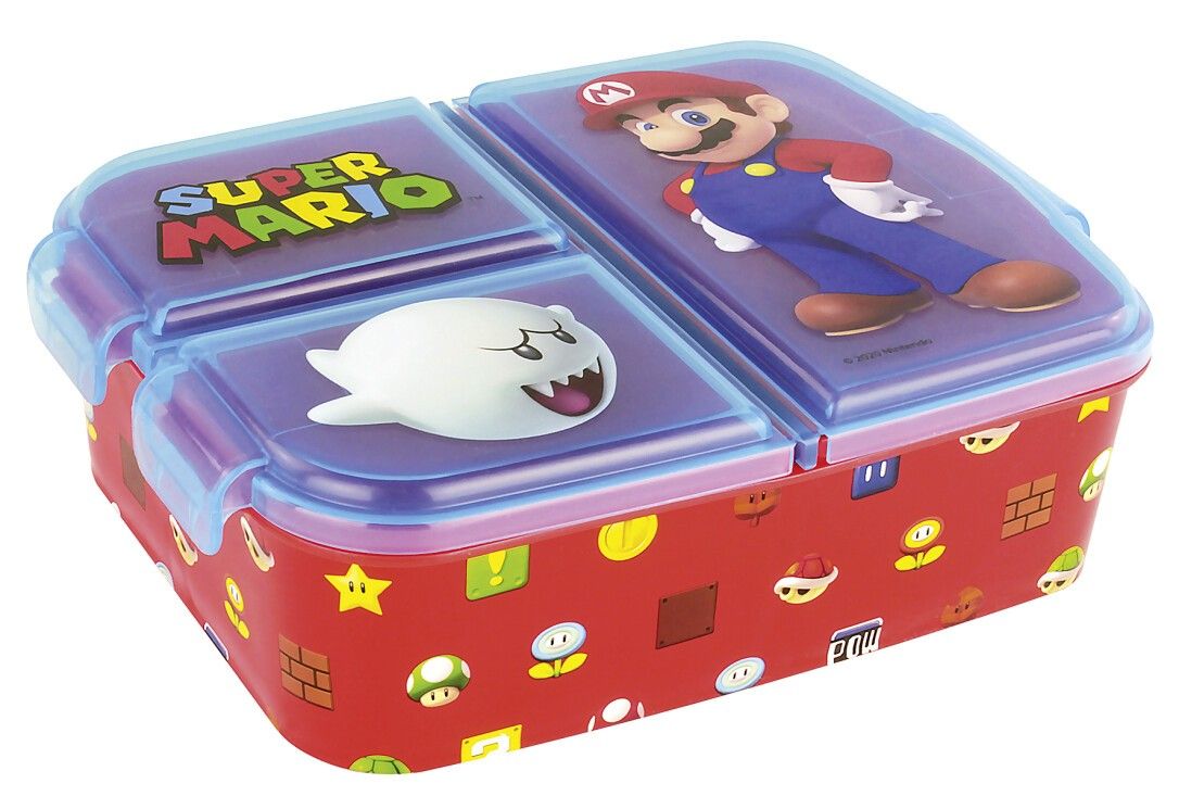 Rote Brotdose mit Super Mario-Motiven. Deckel mit Mario und Boo. Blaue Verschlüsse. Aufschrift "Super Mario".