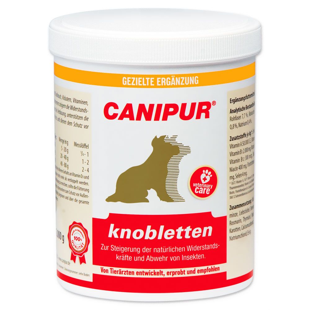 Weißer Behälter mit gelbem Deckel. Aufschrift CANIPUR und knobletten. Veterinär-Care-Logo. Text: Zur Steigerung der natürlichen Widerstandskräfte.