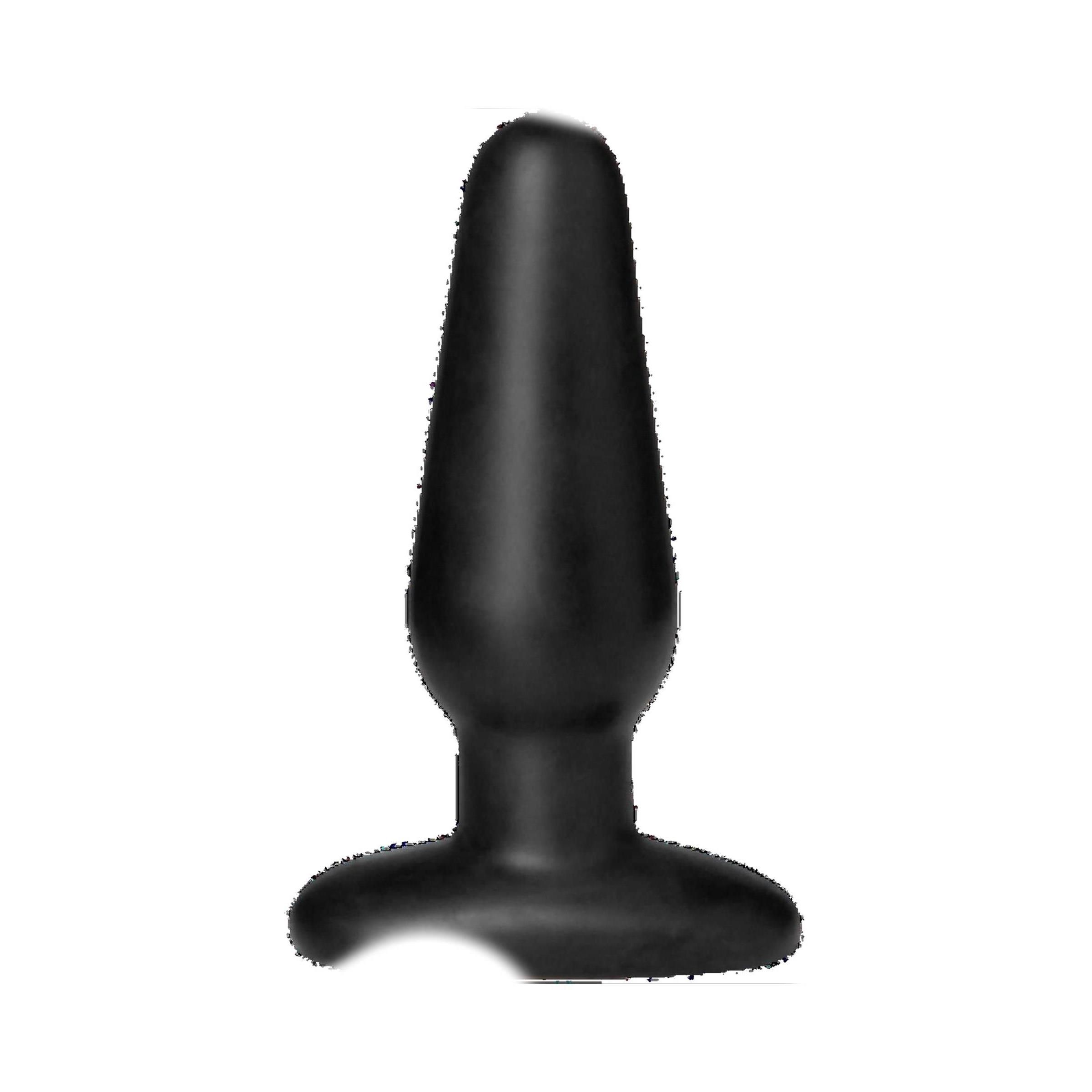 Schwarzer, konisch geformter Plug mit breiter Basis. Aus Silikon.