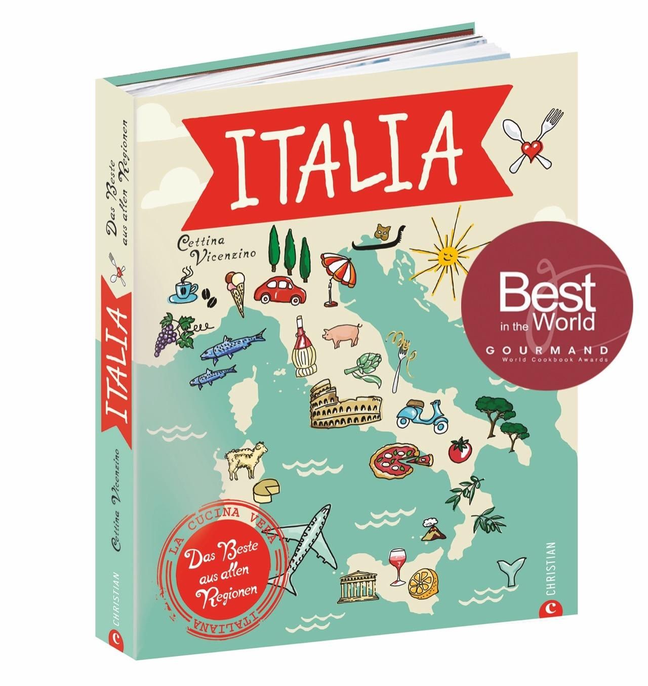 Kochbuch "Italia" mit Illustrationen und Auszeichnung "Best in the World". Hardcover mit Schriftzug und Landkarte.