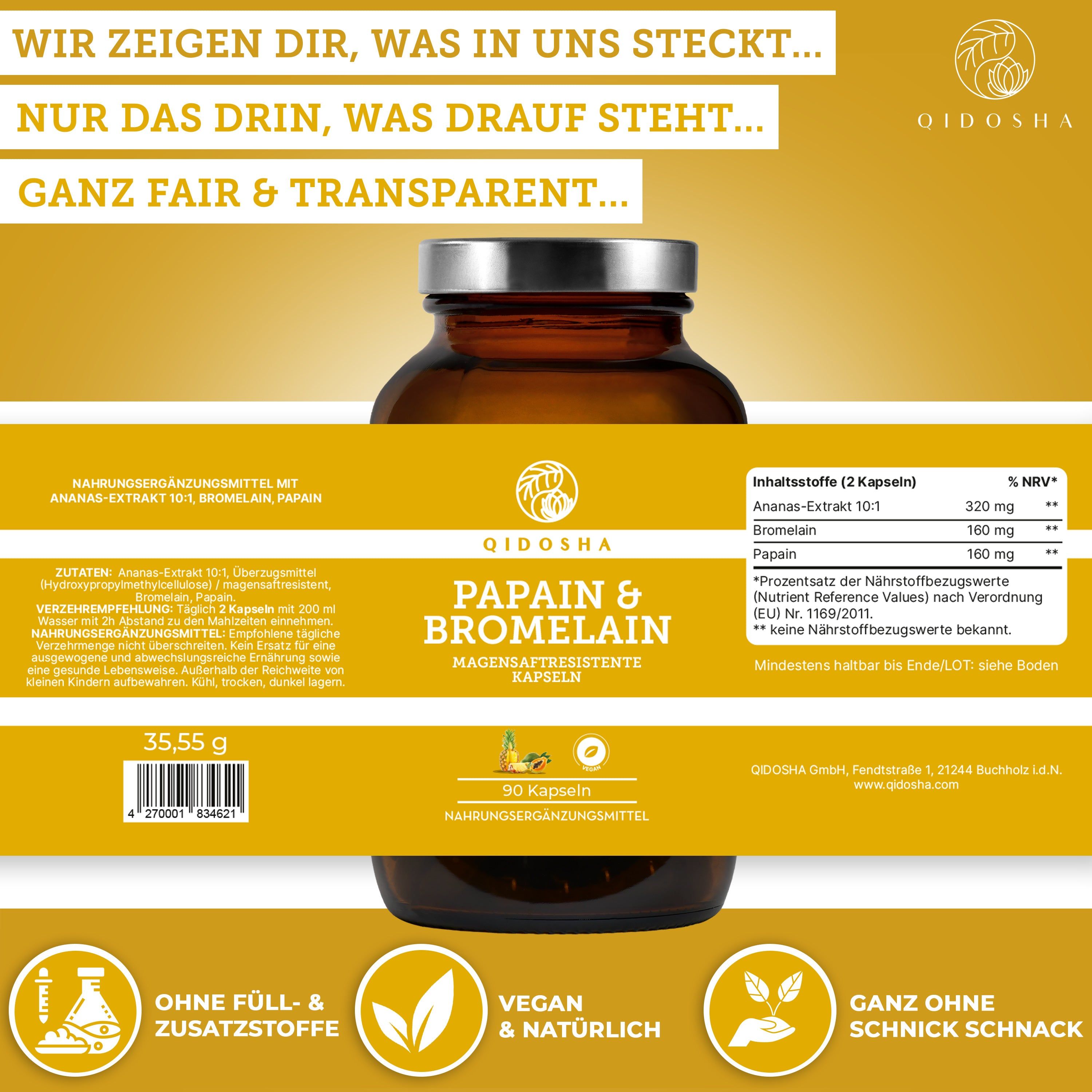 QIDOSHA Papain Bromelain: Transparente Inhaltsangabe, 90 magensaftresistente Kapseln, vegan.