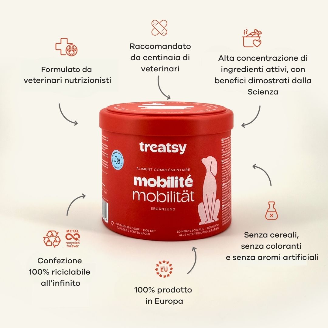Rote Dose mit "Treatsy" und "mobilité mobilité". Diagramm mit Vorteilen und Inhaltsstoffen.