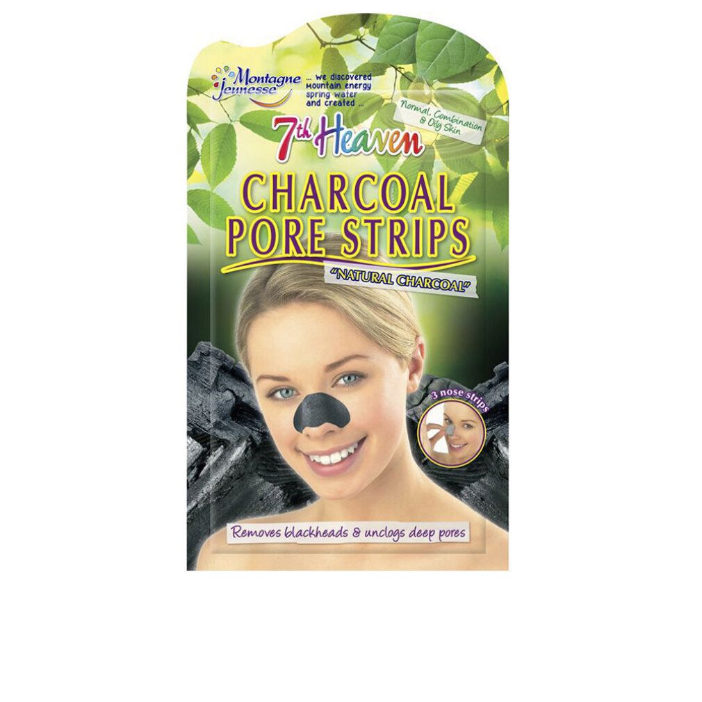 7th Heaven Charcoal Pore Strips Packung mit 3 Nasenstreifen, zeigt eine Frau mit einem aufgetragenen Nasenstreifen.