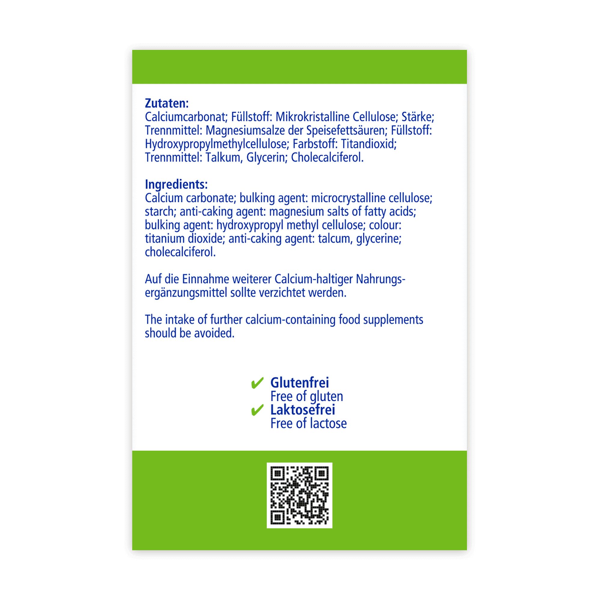 Rückseite der grünen Schachtel mit SUNLIFE Calcium + D3 Tabletten. Text: Zutaten, Inhaltsstoffe, Glutenfrei, Laktosefrei.