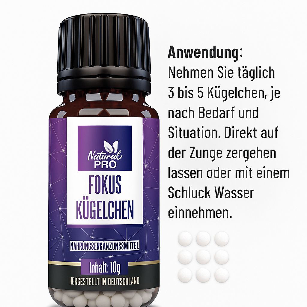 Braune Glasflasche mit schwarzem Deckel. Etikett mit Produktname und Logo. Text: Anwendung: 3-5 Kügelchen. Kügelchen daneben.