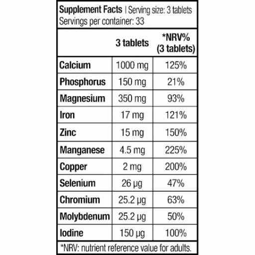 Nährwerttabelle mit Mineralstoffangaben. Enthält Calcium, Phosphor, Magnesium, Eisen, Zink, Mangan, Kupfer, Selen, Chrom, Molybdän, Jod.