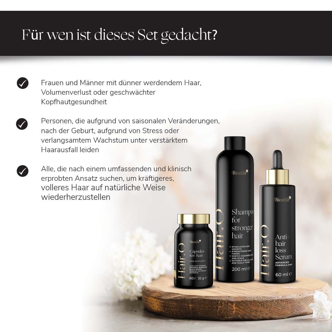 Text: Für wen ist dieses Set gedacht? Für Frauen und Männer mit dünner werdendem Haar. Flaschen und Kapseln.