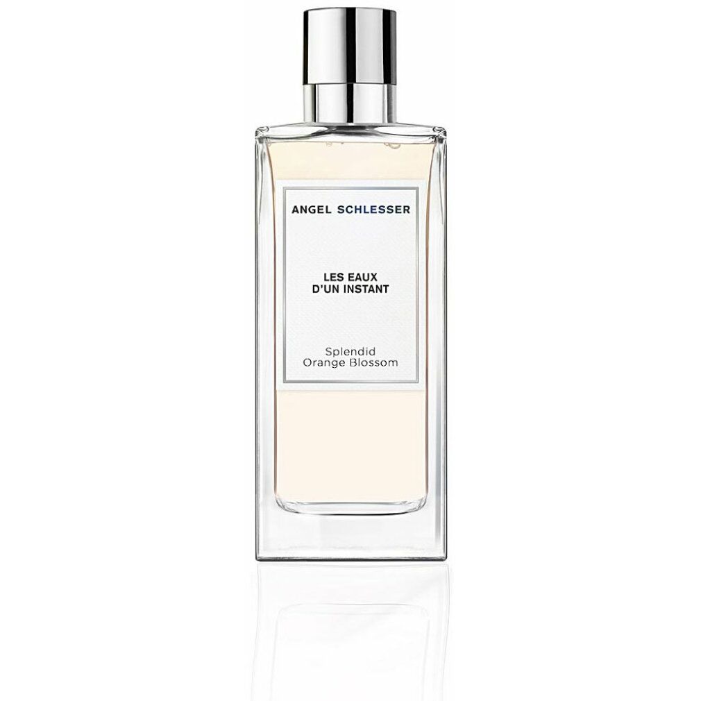 Rechteckiger Flakon mit silbernem Verschluss. Aufschrift: Angel Schlesser, Les Eaux d'un Instant, Splendid Orange Blossom.