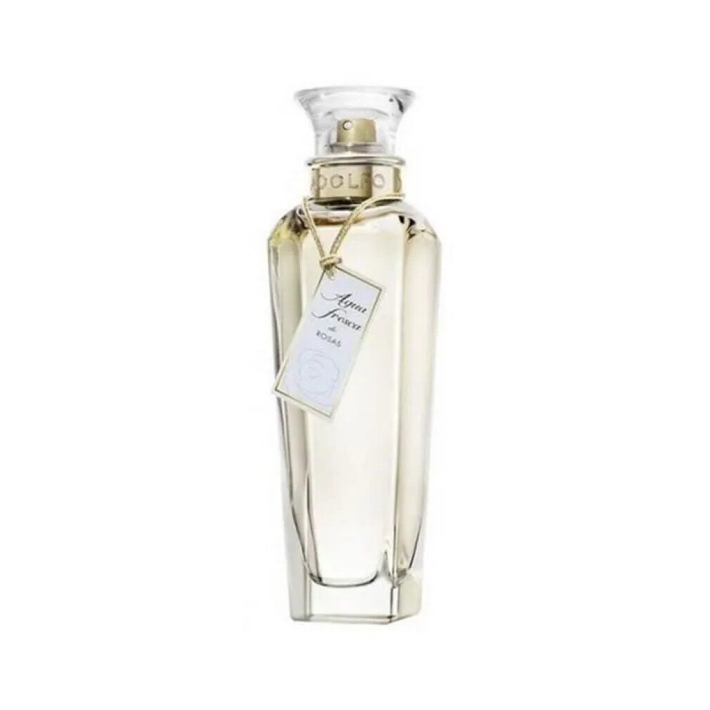 Adolfo Dominguez Agua Fresca de Rosas Eau de Toilette Spray. Transparenter Flakon mit goldfarbenem Verschluss und Etikett.