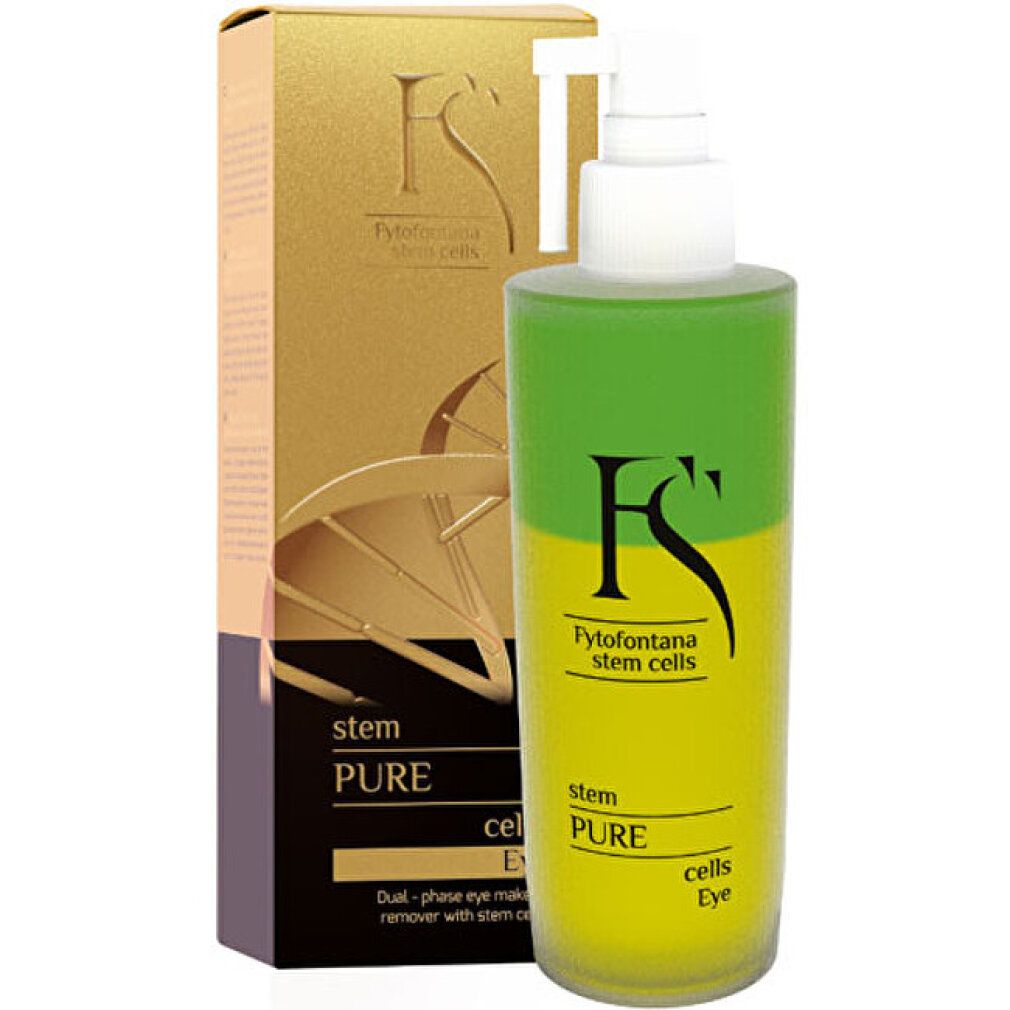 Zweiphasen-Make-up-Entferner mit Pumpe und goldfarbener Verpackung. Aufschrift: Fytofontana stem cells Pure Eye.
