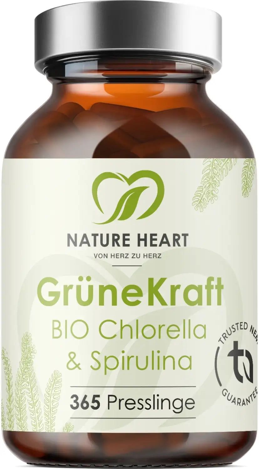 Nature Heart Grüne Kraft Bio Chlorella & Spirulina 365 Presslinge in Braunglasflasche.