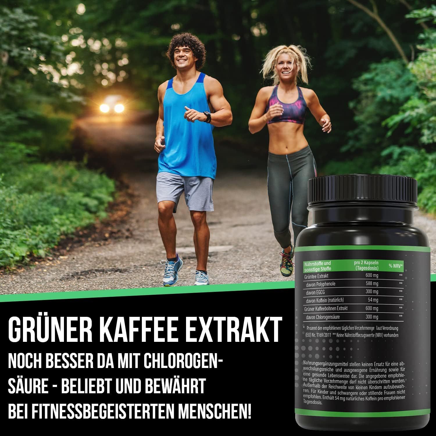 Schwarze Flasche mit grünem Etikett. Text: GREEN BRNR, Pflanzen Formel. Zwei Personen joggen im Hintergrund. Text: Grüner Kaffee Extrakt.
