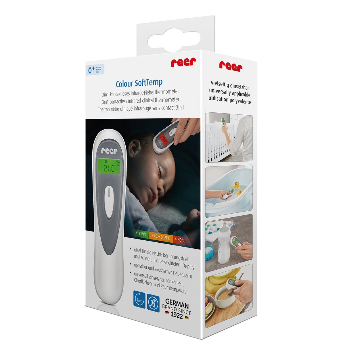 Verpackung des kontaktlosen Infrarot-Thermometers. Marke: reer. Produktabbildungen zeigen Anwendungsmöglichkeiten.