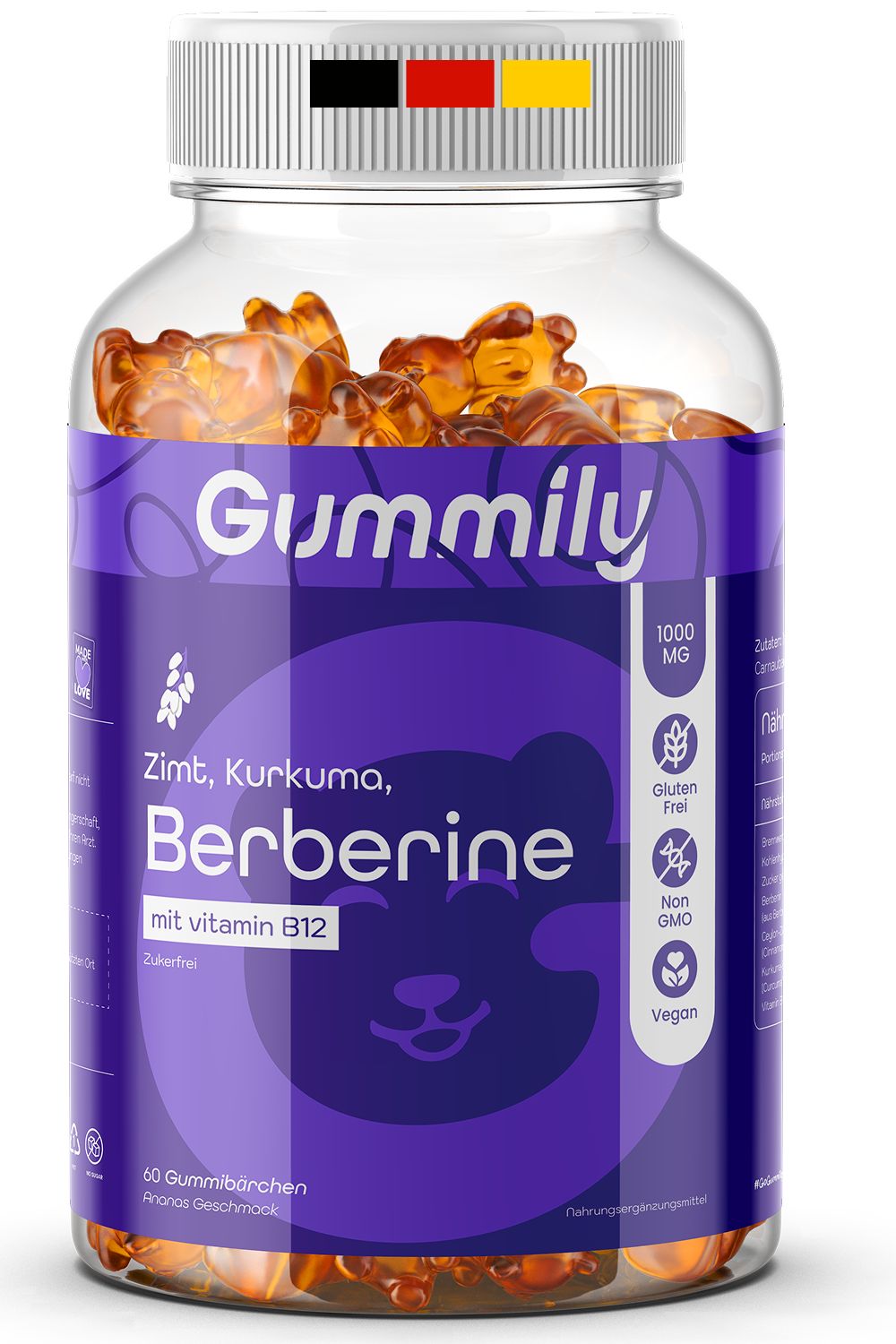 Gummily Berberin Gummibärchen mit Kurkuma und Zimt. Vegan, glutenfrei, non GMO. 60 Stück.