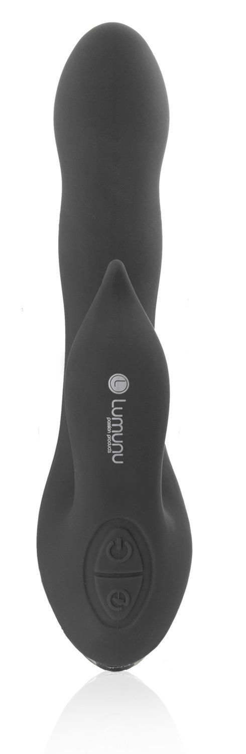 Schwarzer Vibrator mit abgerundeter Form. Logo und Bedienknöpfe sind sichtbar.
