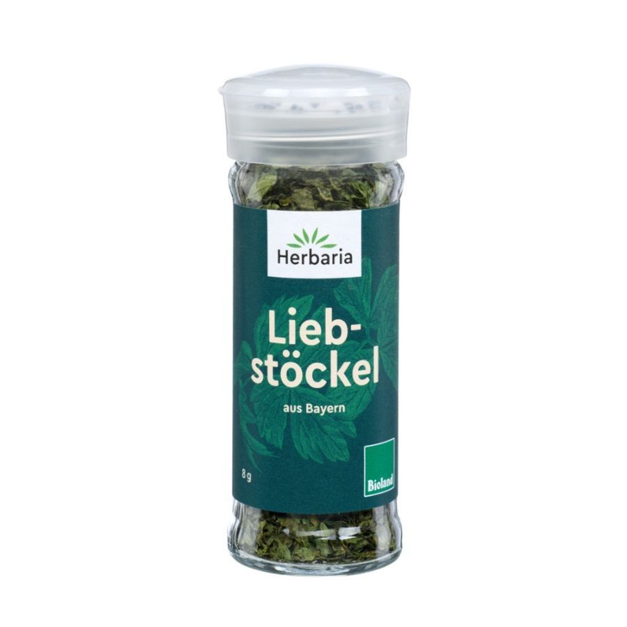 Glasflasche mit Herbaria Liebstöckel Bio. Grünes Etikett mit Produktname und Bio-Siegel. Transparenter Deckel.