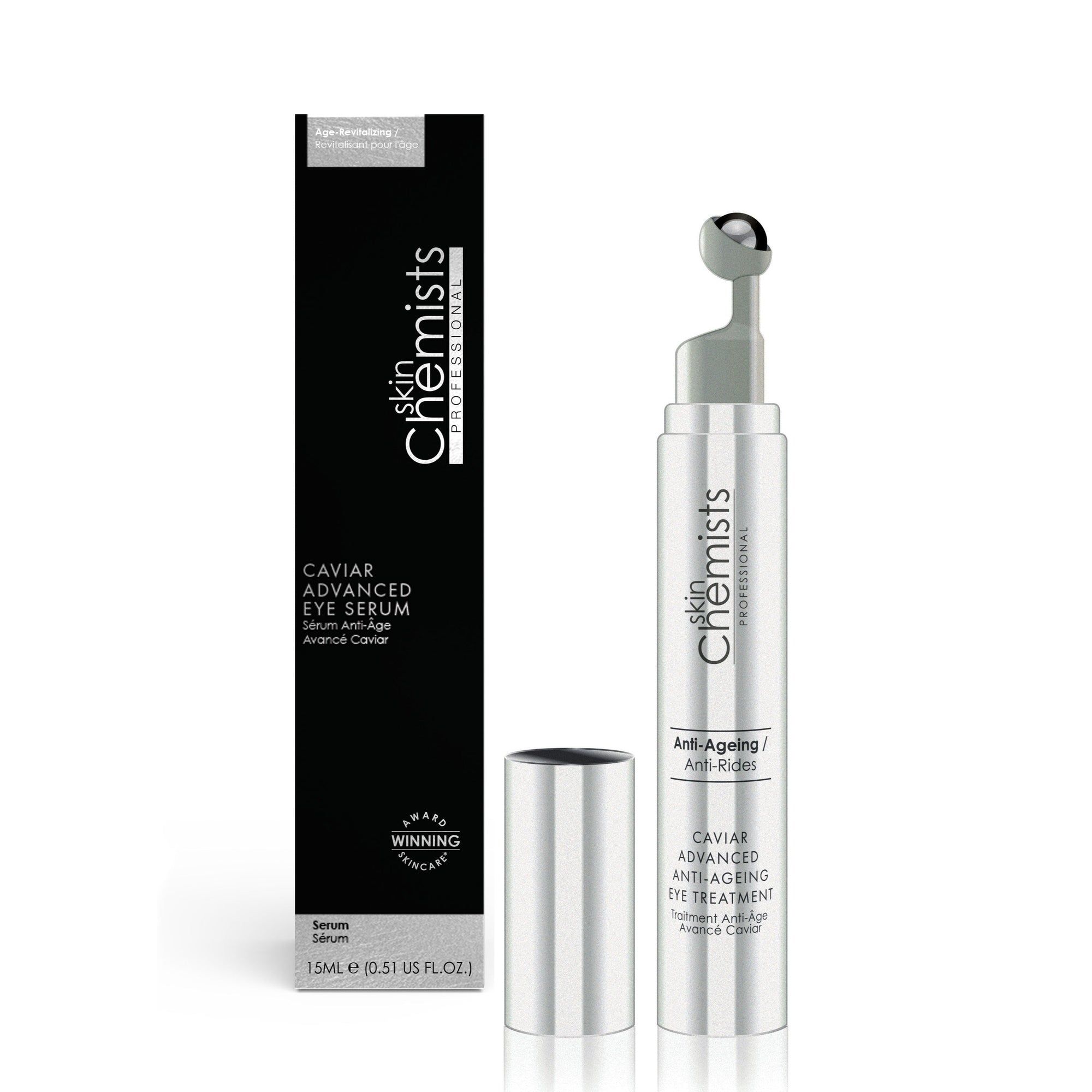 Augenbehandlung mit Applikator und Verpackung. Schwarze Verpackung mit Produktnamen und Logo. Silberne Tube mit Applikator.