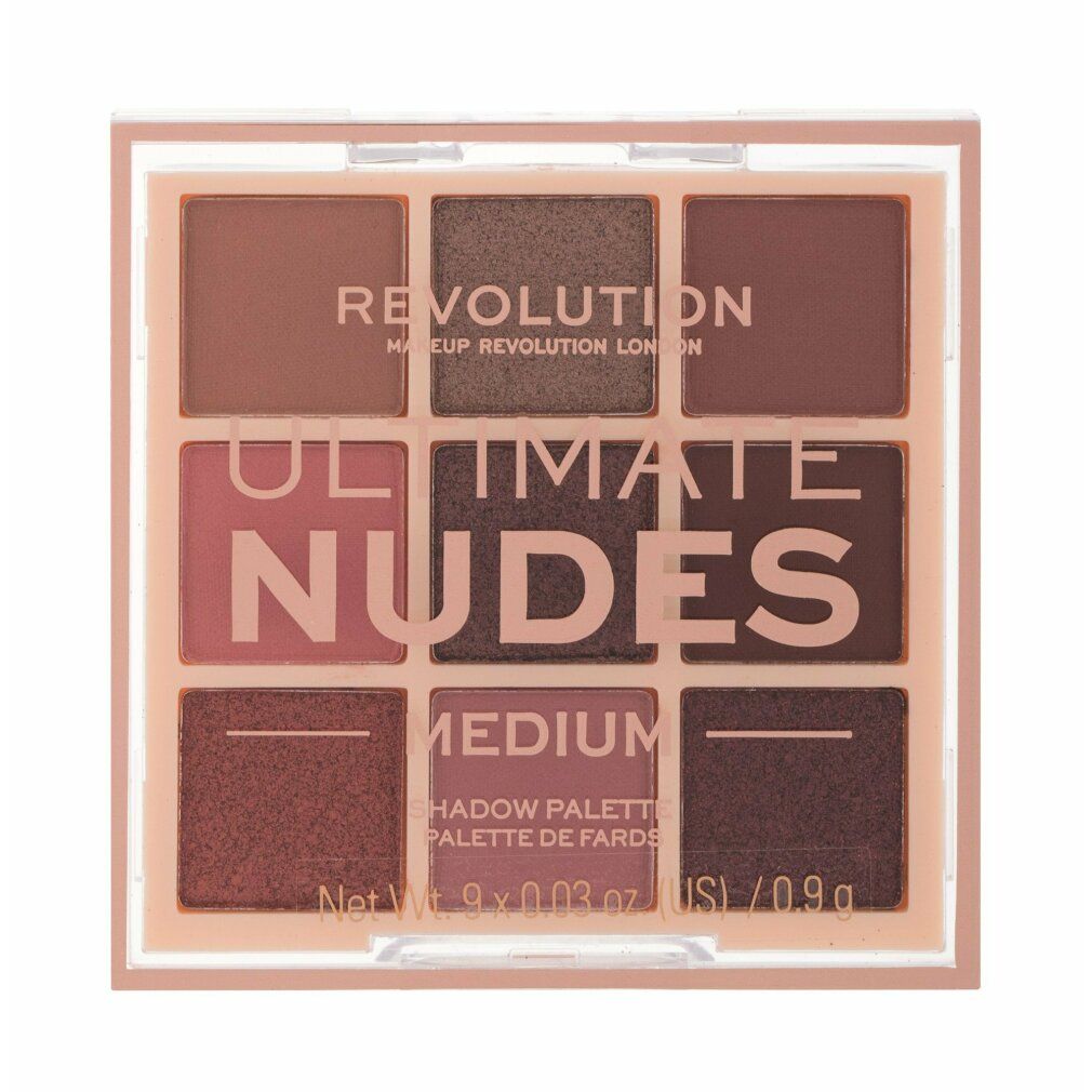 Lidschatten-Palette mit neun Farbtönen. Marke: Revolution. Text: Ultimate Nudes, Medium, Shadow Palette. Quadratische Form.