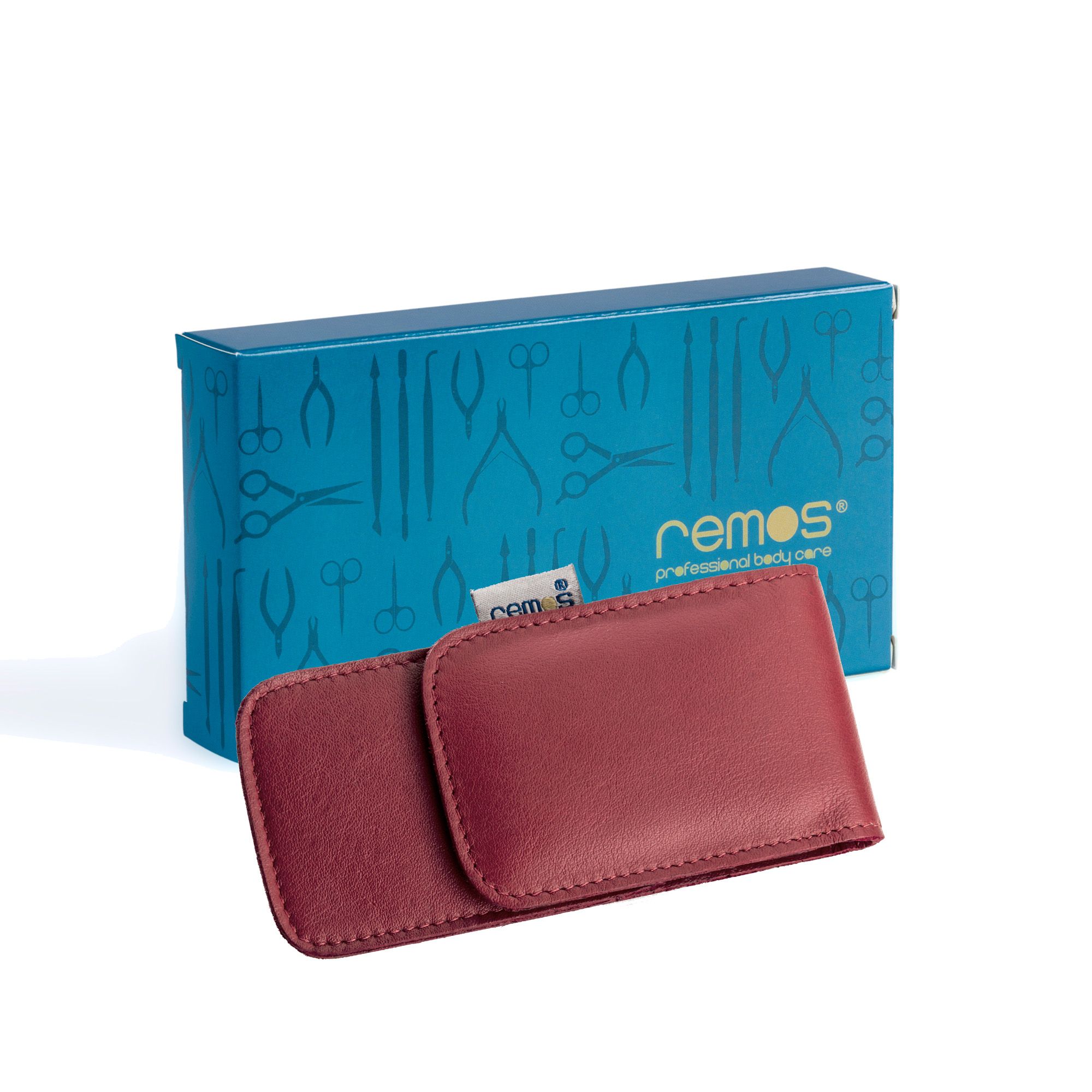 Rote REMOS Etui "Amrita" Lederhülle neben blauer REMOS Geschenkbox.