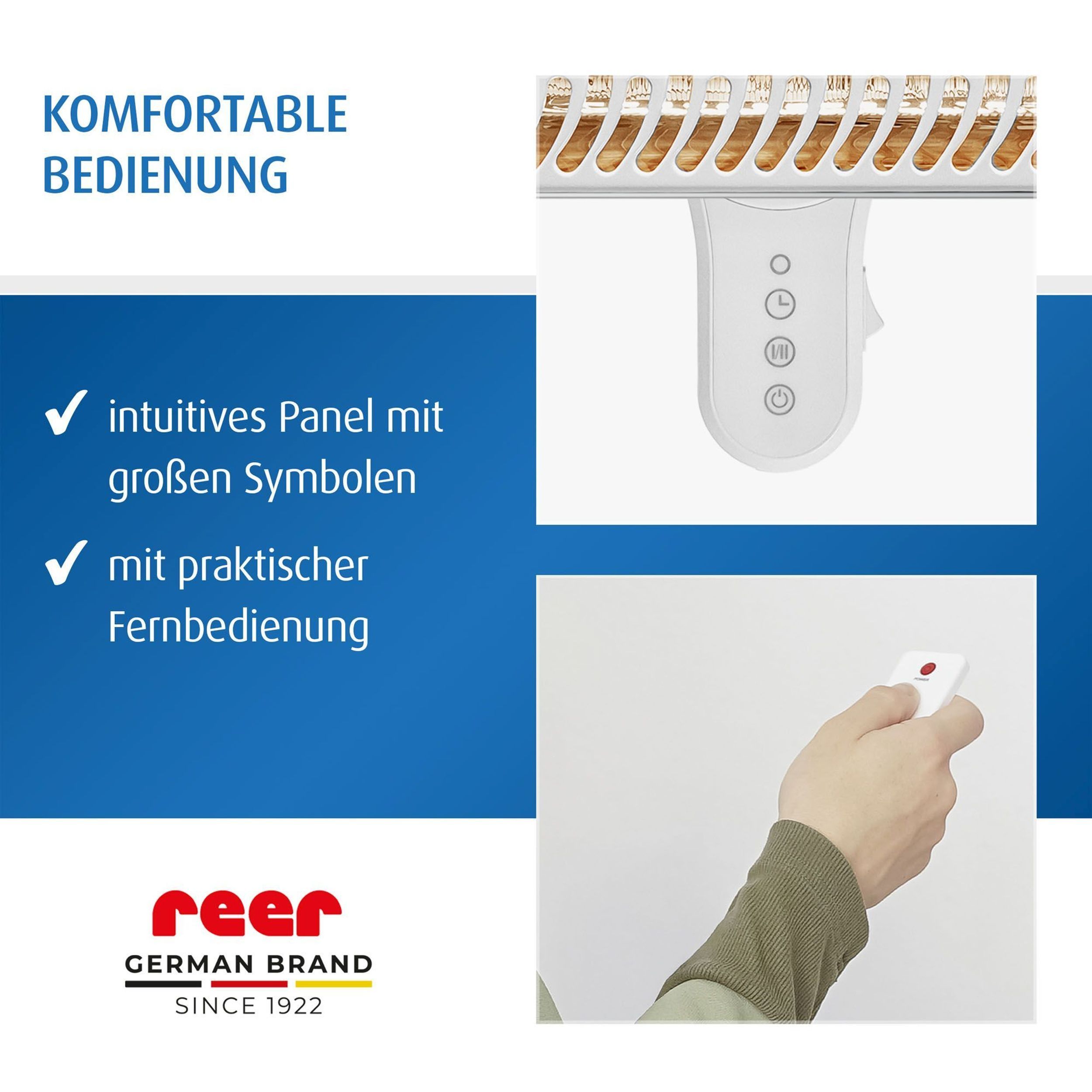 Reer Heizstrahler mit intuitiver Bedienung und Fernbedienung.