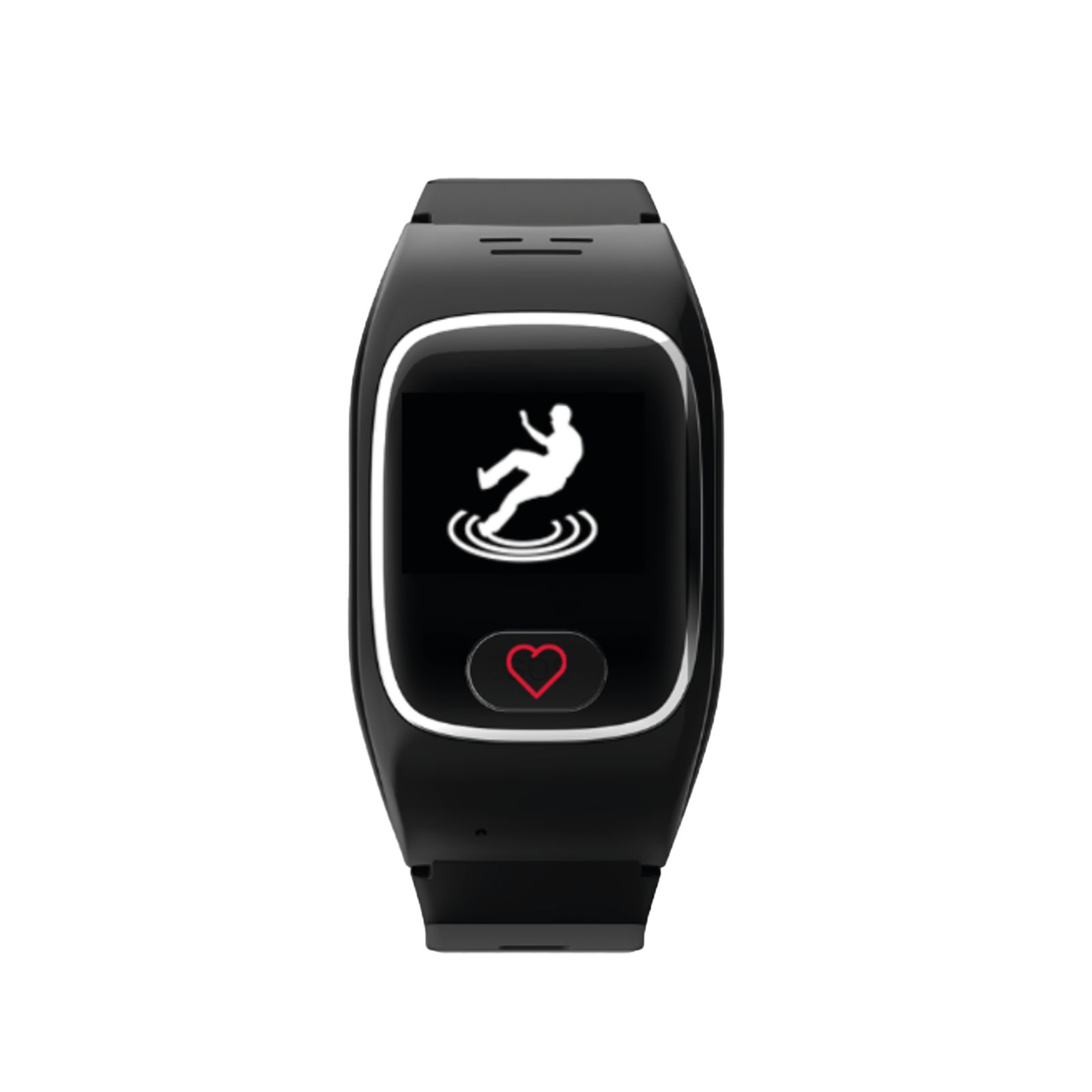 Schwarze Smartwatch mit Sturzsymbol auf dem Display. Herzsymbol. Schwarzes Armband.