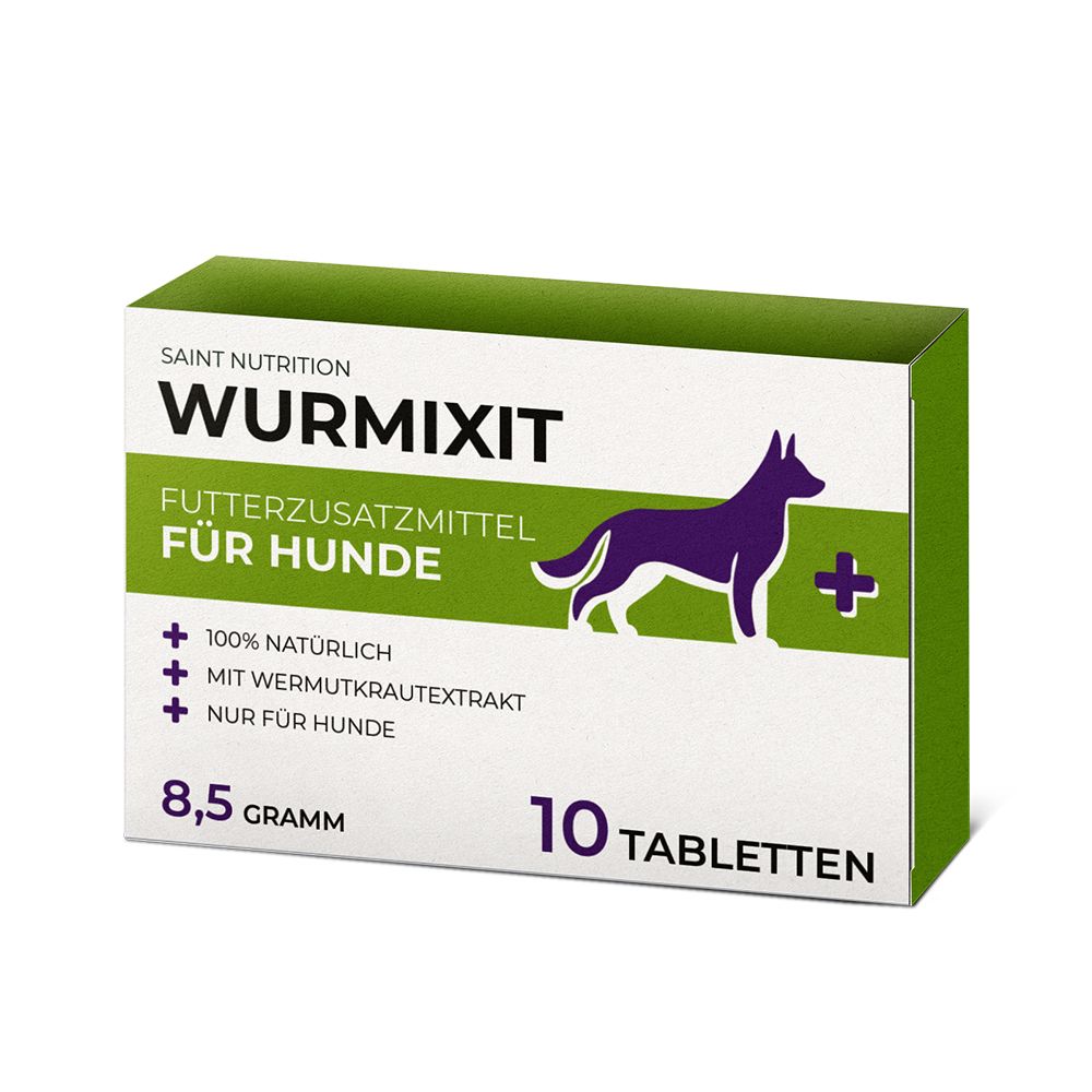 Karton mit "Wurmixit" für Hunde. Grün-weißes Design, lila Hund-Silhouette. Text: "10 Tabletten", "8,5 Gramm".