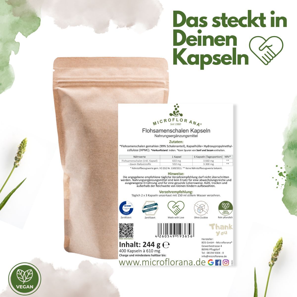 Produktverpackung mit Kapseln und Nährwerttabelle. Text: MICROFLORANA Flohsamenschälen Kapseln. Vegan.