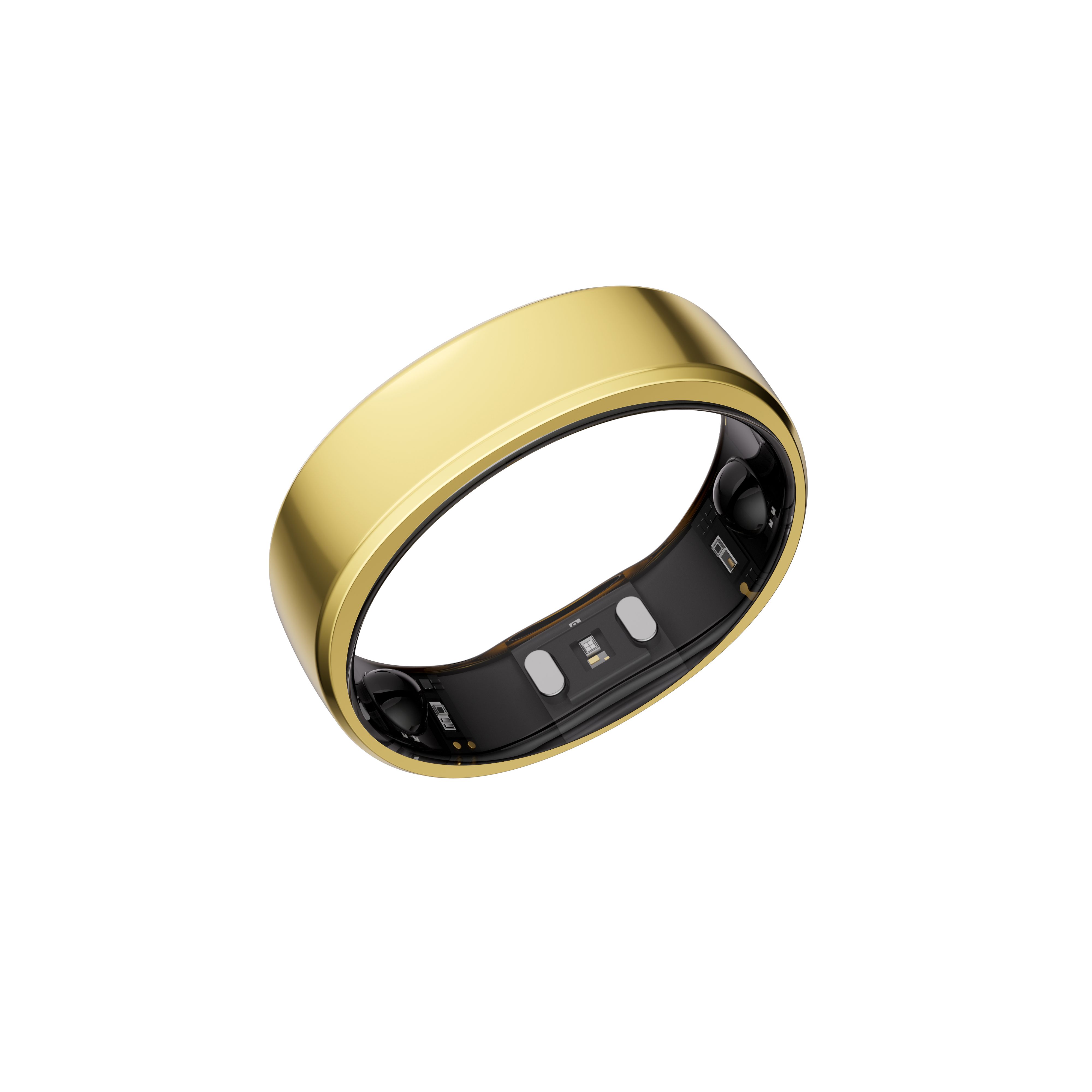 Goldener Ring mit schwarzem Innenband. Das Band hat Sensoren und LEDs. Das Design ist minimalistisch.
