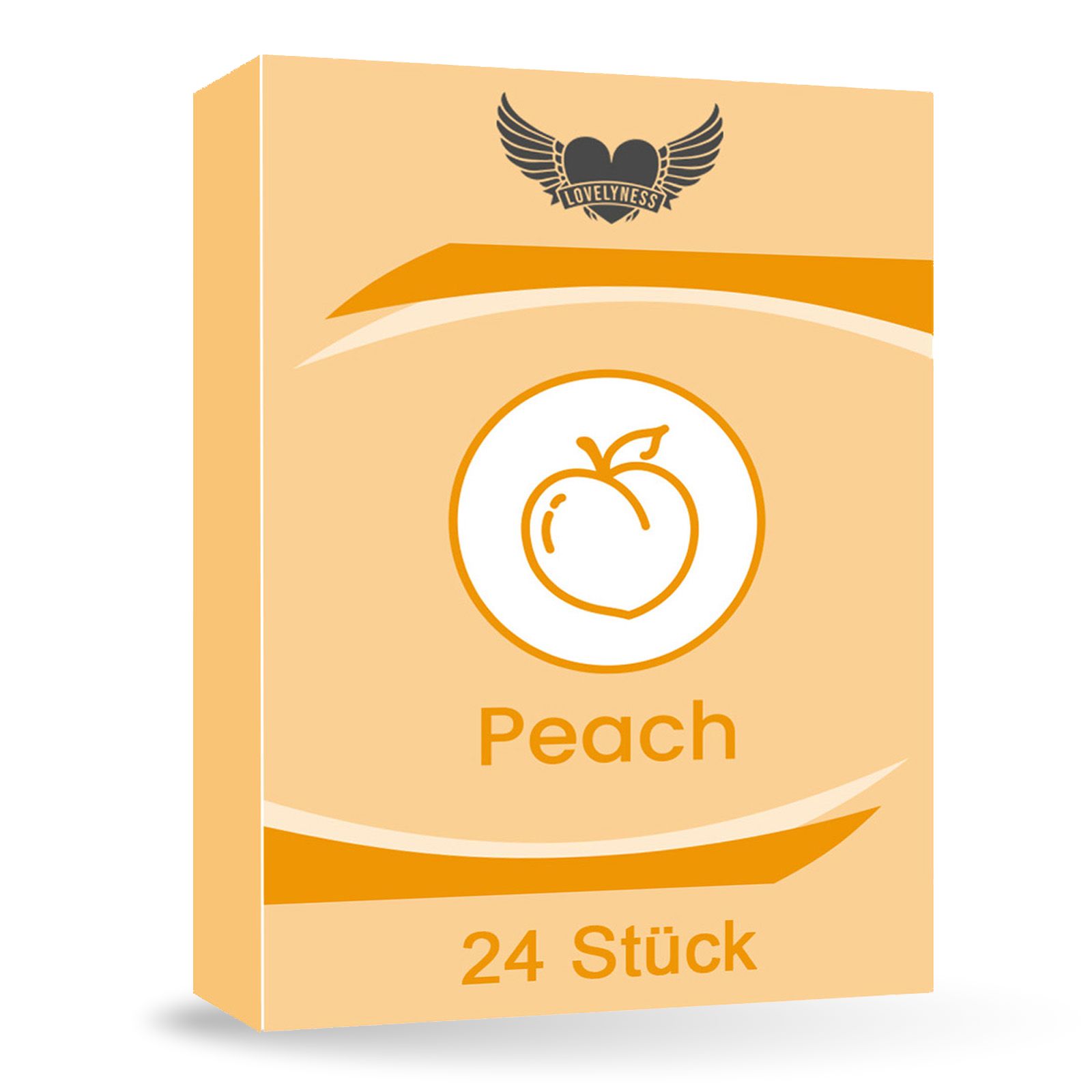 Condoomverpakking met perzikmotief en opschrift "24 Stück". Logo met vleugels en hart.