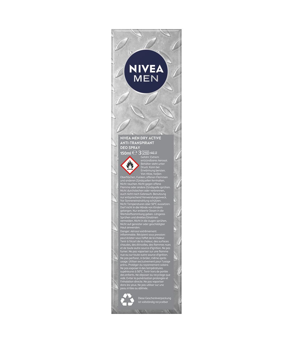 Rückseite einer NIVEA MEN Deo Spray Dose. Enthält Produktnamen, Inhaltsstoffe, Warnhinweise und Logos. 150ml.