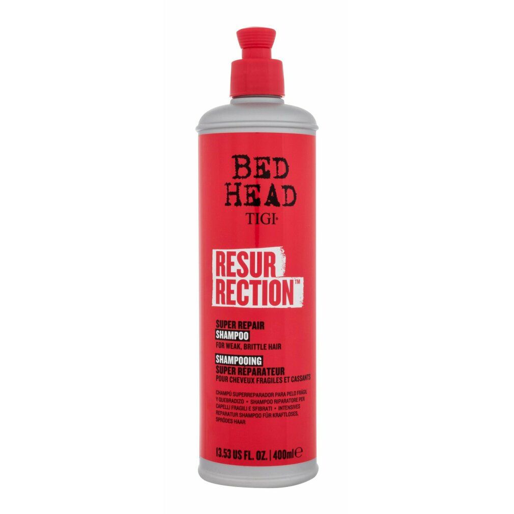 Rote Shampoo-Flasche mit silbernem Deckel. Aufschrift: Bed Head Tigi Resurrection Super Repair Shampoo. 400ml.