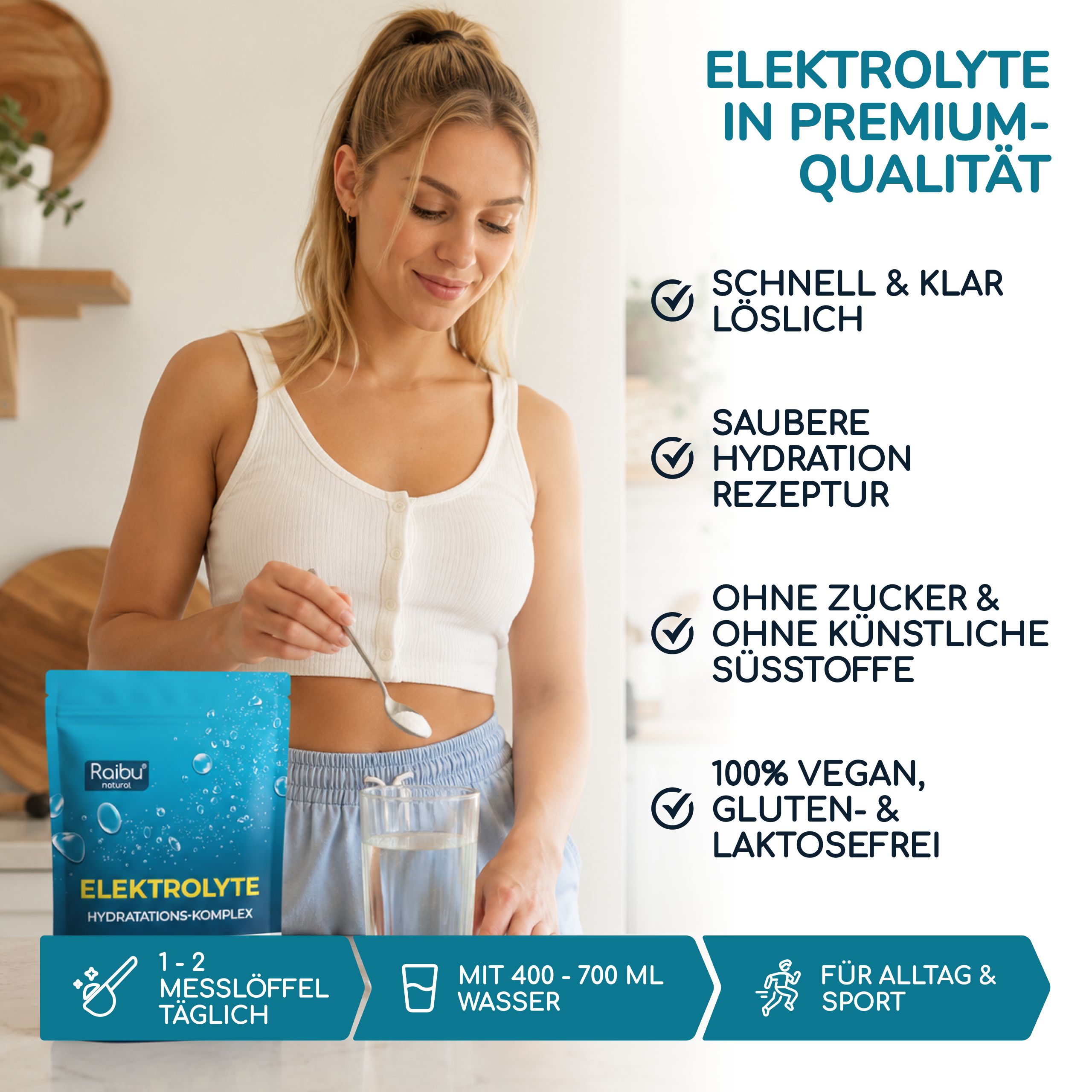 Frau gibt Elektrolytpulver aus Beutel in Glas Wasser. Premium-Qualität, vegan, zuckerfrei.