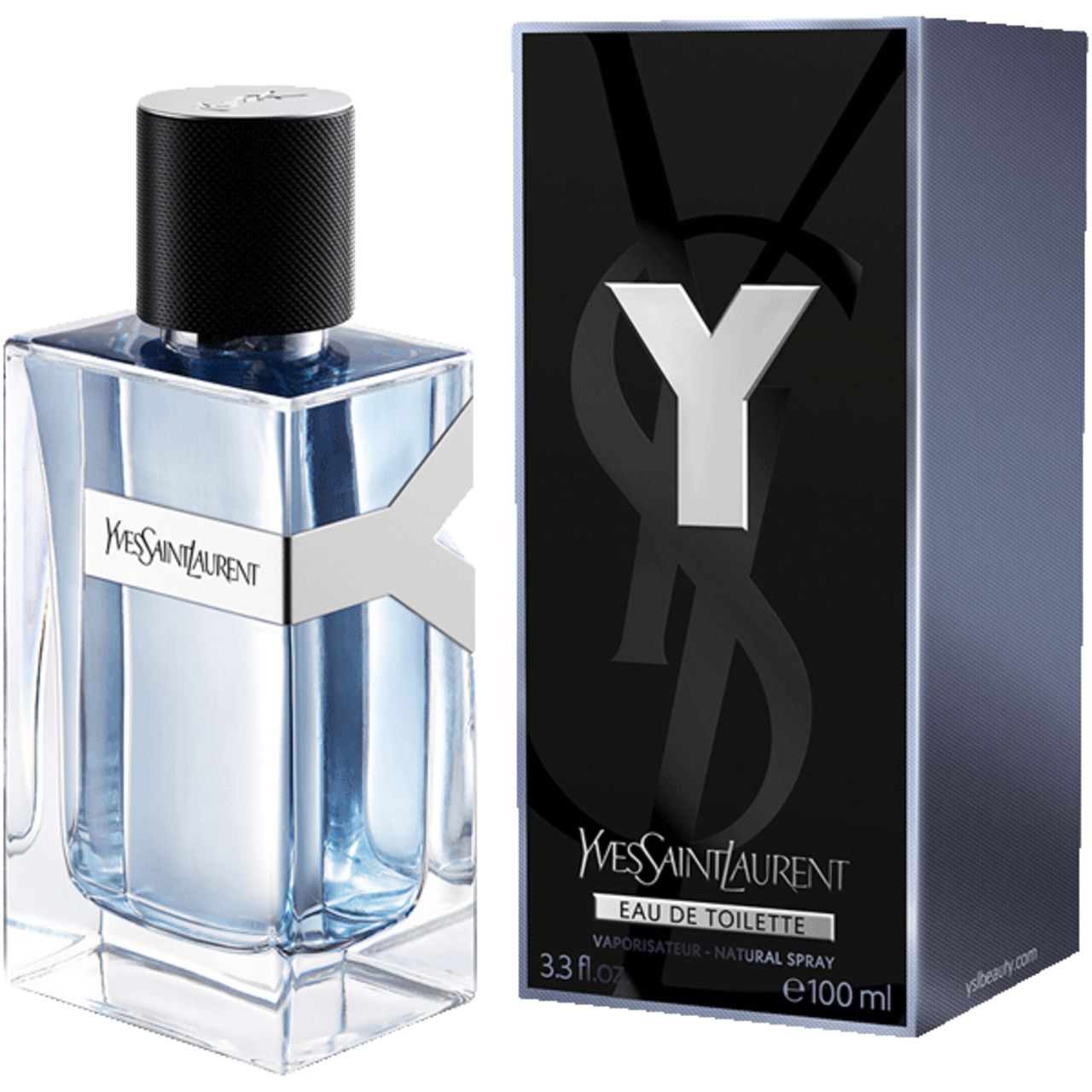 Yves Saint Laurent Y Men E.d.T. Vapo und Verpackung. Flakon und Box mit Y-Logo. Schwarzer Flakonverschluss.