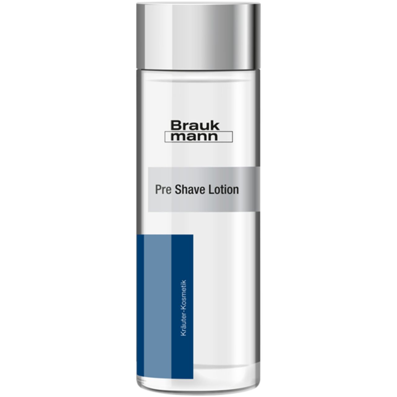 Braukmann Pre Shave Lotion. Zylindrische Flasche mit silbernem Deckel. Blaue und graue Streifen. Schriftzug.