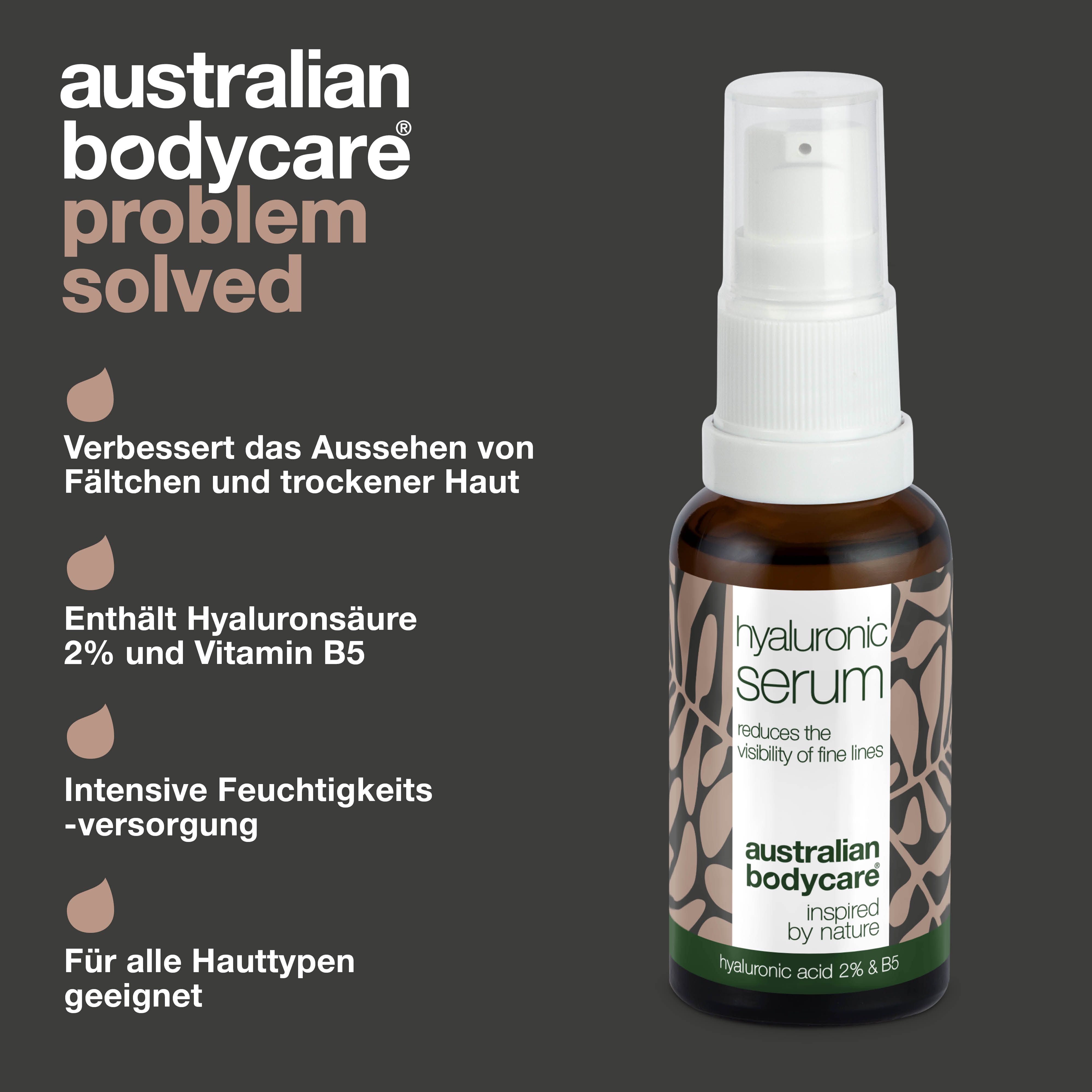Produkt und Text. Problem gelöst. Verbessert Fältchen und trockene Haut. Enthält Hyaluronsäure. Marke: Australian Bodycare.