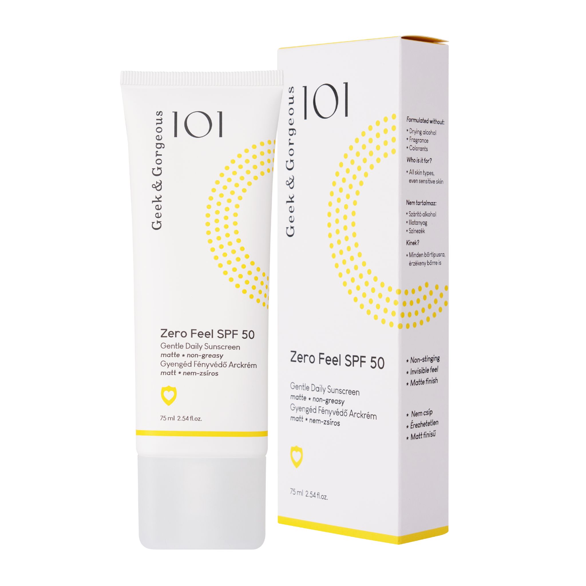 Weisse Tube und Schachtel mit Aufschrift "Zero Feel SPF 50". Gelbe Akzente. Marke: Geek & Gorgeous.