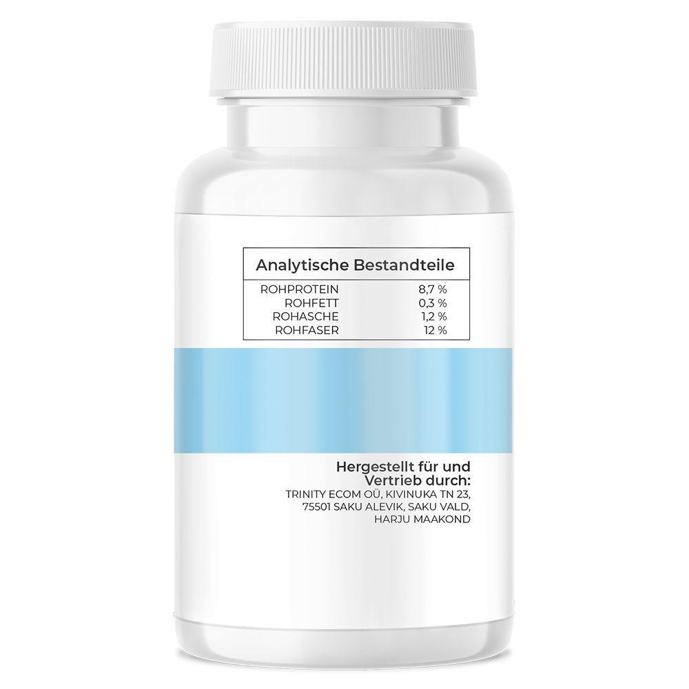 Weiße Flasche. Text: Analytische Bestandteile, Rohprotein, Rohfett, Rohasche, Rohfaser. Hergestellt für und Vertrieb durch: TRINITY ECOM OÜ.